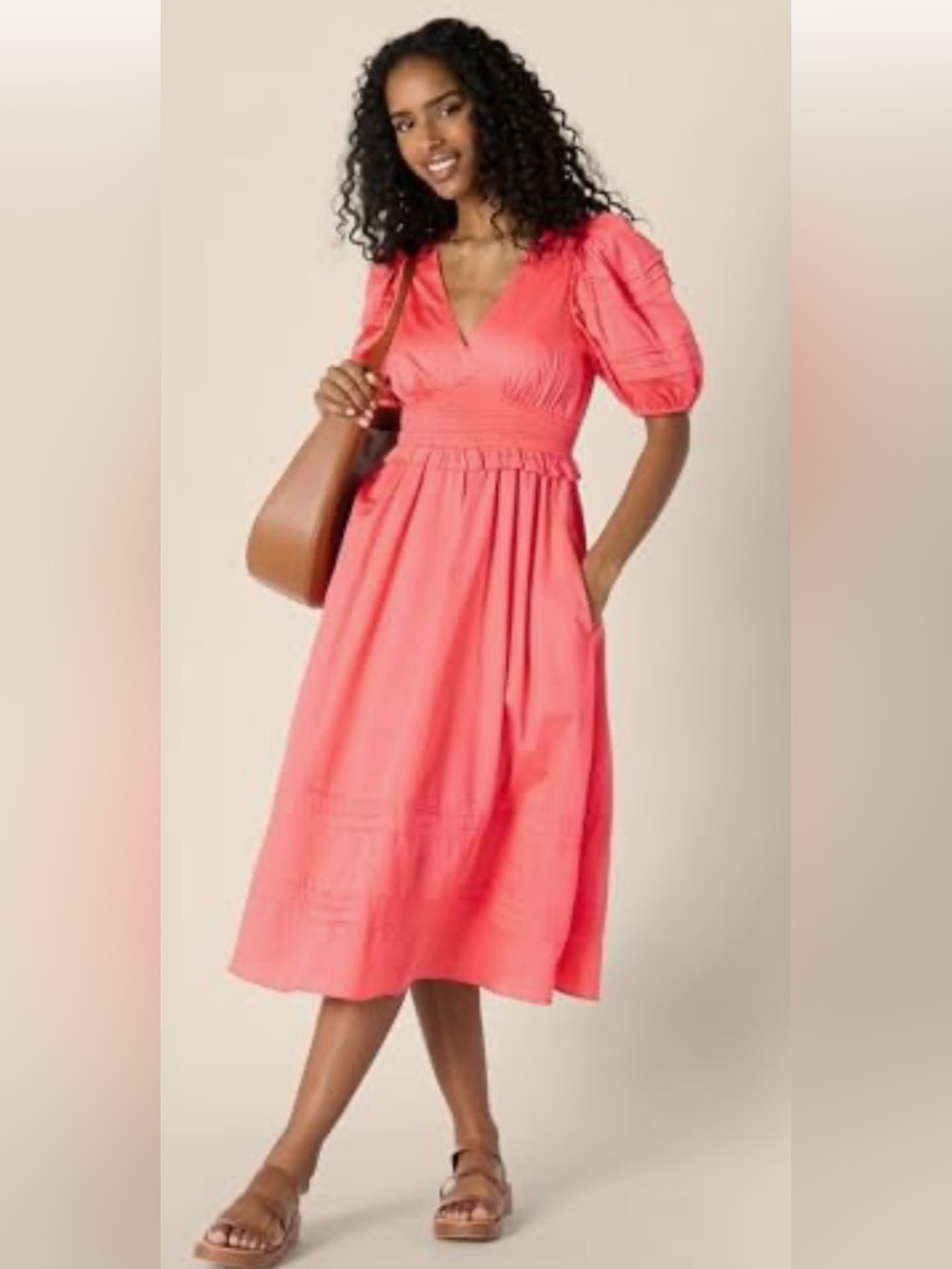 Womens Coral V Neck Puff Sleeve NWT Cotton Milkmaid Boho Flow Hem Midi Dress XL